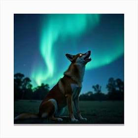 A Dingo With Glowing Eyes, Howling Under An Aurora Filled Night Sky In The Australian Wilderness Canvas Print