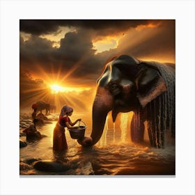 Washing An Elephant Canvas Print