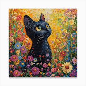 Black Cat In A Flower Field Canvas Print