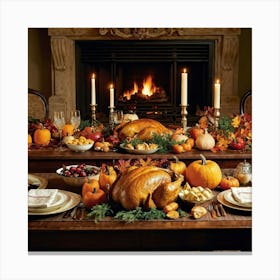 A Beautifully Prepared Thanksgiving Banquet Seated Under The Warm Glow Of Recessed Lighting In A Rus (2) Canvas Print