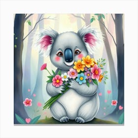 A Koala Holding A Bouquet Of Rainbow Colored Flowers, In A Dreamy Watercolor Forest Canvas Print