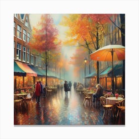 Amsterdam cafes, autumn season, rain, autumn oil colours.Faded colours,People passing on the street, winter clothes, rain umbrellas.9 Canvas Print