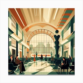 Art Deco train station, travelers awaiting departure Canvas Print