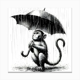 Monkey Holding An Umbrella In The Rain, Ink Drawing 2 Canvas Print