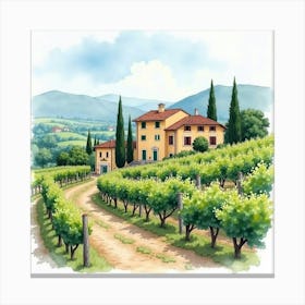 Tranquil Watercolor Of An Italian Countryside Villa, Surrounded By Vineyards 1 Canvas Print