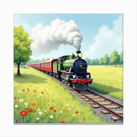 Classic Train Traveling Through A Serene Watercolor Spring Meadow 1 Canvas Print