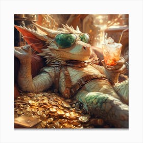 Cool Dragon Lounging on Gold Background 7 Canvas Print