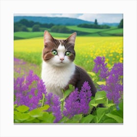 Cat In A Flower Field Photo Canvas Print