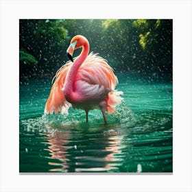 Firefly Green, Soft, Plush, Flamingo, Swimming, Transparent, Glass Lake, Sunlight, Snow, Falling, Re (3) Canvas Print