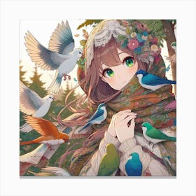 Anime Girl With Birds 1 Canvas Print