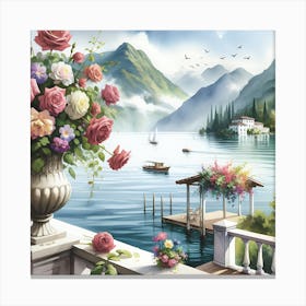 Roses By The Lake Watercolour Canvas Print