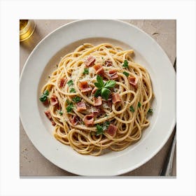 Elegant Pasta Dish A Plate Of Elegant Pasta Such As Spaghetti Carbonara Topped With Crispy Pancetta Canvas Print