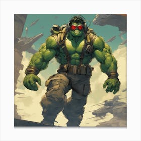 A Badass Anthropomorphic Fighter Pilot Hulk, Extremely Low Angle, Atompunk, 50s Fashion Style, Intri Canvas Print