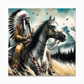 Native Indian Chief On A Horse By The Mountains Color Drawing 1 Canvas Print