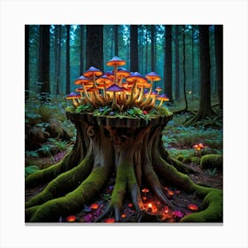 Mystic Fungi Festival Mushrooms On A Tree Stump Canvas Print