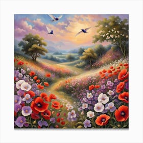 Swallows over the evening meadow Canvas Print