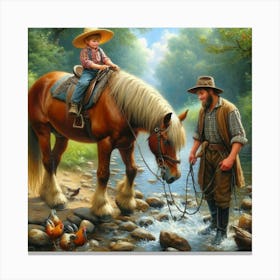 Father And Son By The Stream Canvas Print