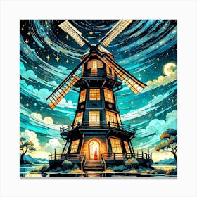 Windmill Starry Night Canvas Print