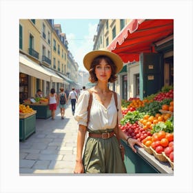 French Woman At A Charming Parisian Market, Watercolor With Lively And Rich Colors 1 Canvas Print