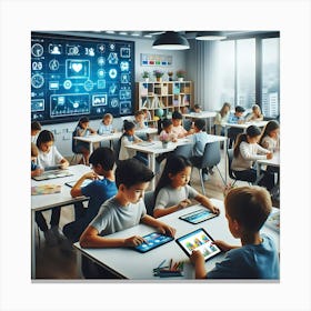 Children In Classroom Using Digital Devices Canvas Print