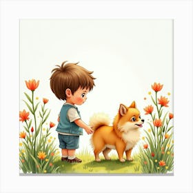 Watercolor Image Of A Child And A Pomeranian In A Beautiful Spring Garden Canvas Print