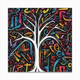 An Image Of A Tree With Letters On A Black Background, In The Style Of Bold Lines, Vivid Colors, Gra (1) Canvas Print