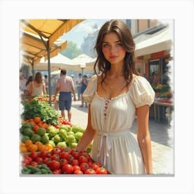 French Beauty In A Traditional Market, Watercolor With Rich, Lively Colors 1 Canvas Print