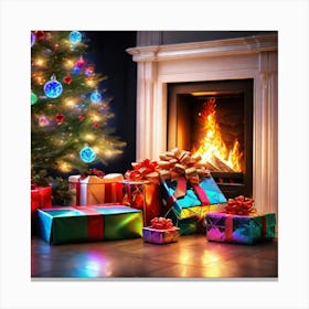 Christmas Presents Under Christmas Tree At Home Next To Fireplace Broken Glass Effect No Backgroun (5) Canvas Print