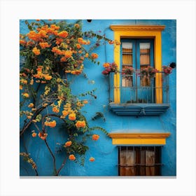 Blue House With Flowers 1 Canvas Print