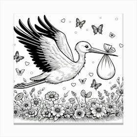 Line Art stork and baby Canvas Print