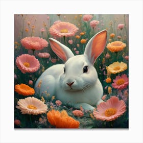 Enchanted Serenity A Vibrant Oil Painting Of A Rabbit Among Flowers (3) Canvas Print