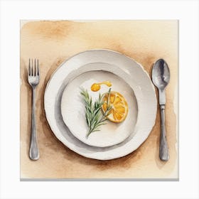 Watercolor Plate With Lemon And Rosemary Canvas Print