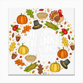 Happy Thanksgiving Turkey Pumpkin Pie Leaf Autumn Family Canvas Print