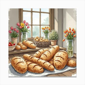 An English Market With Artisan Bread And Fresh Flowers, Illustrated In Watercolor 1 Canvas Print