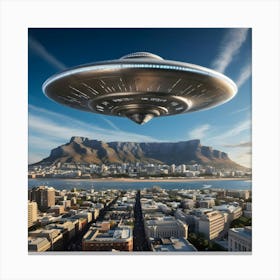 A Breathtakingly Detailed Illustration Of A Colossal Spaceship Near Table Mountain Canvas Print