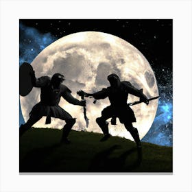 Two Knights Fighting In Front Of The Moon Canvas Print