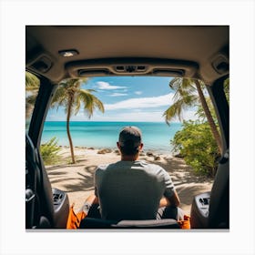 Man Sitting In Car On Beach Canvas Print