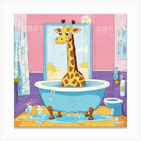 Cartoon Giraffe In The Bathroom Canvas Print