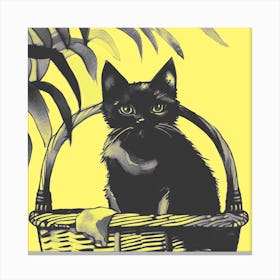 Black Kitty Cat In A Basket Yellow  1 Canvas Print