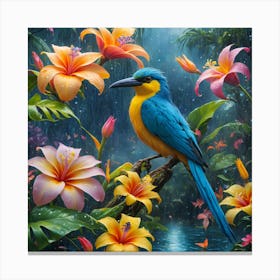 colorful, realistic painting of a bird perched on a branch surrounded by flowers Canvas Print