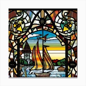 Image of medieval stained glass windows of a sunset at sea 9 Canvas Print