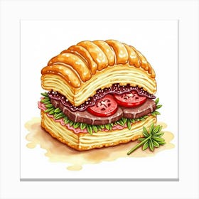 A Vibrant Watercolor Painting Of A Classic Beef Wellington With A Golden Puff Pastry Crust 1 Canvas Print