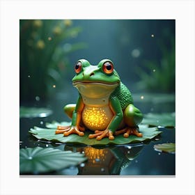 A Magical Frog With Glowing Skin, Sitting On A Lily Pad In A Surreal, Sparkling Pond Canvas Print