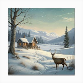 Deer And Cabin In The Snow Canvas Print