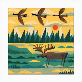 A Moose And Three Goose Square Canvas Print