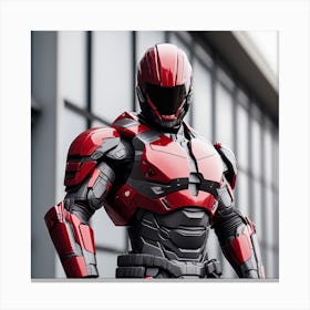 A Futuristic Warrior Stands Tall, His Gleaming Suit And Red Visor Commanding Attention Canvas Print