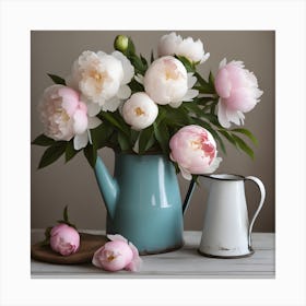 A Cozy Cottage Inspired Scene With A Bunch Of Peonies In A Vintage Enamelware Jug As Your S Canvas Print