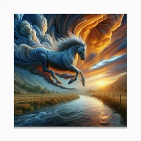 3 Dimensional Horse Jumping A Creek Sunset Clouds Swirling Canvas Print