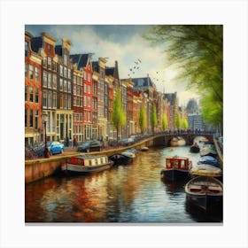 Amsterdam Canals - A canal scene in Amsterdam, with colorful houses lining the banks and boats floating by. The scene is rendered in a realistic, painterly style Canvas Print