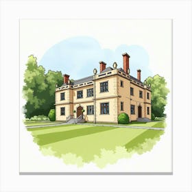 Watercolor Illustration Of The Gawthorpe Hall In Lancashire, Showcasing Its Historic Design And Serene Grounds Canvas Print